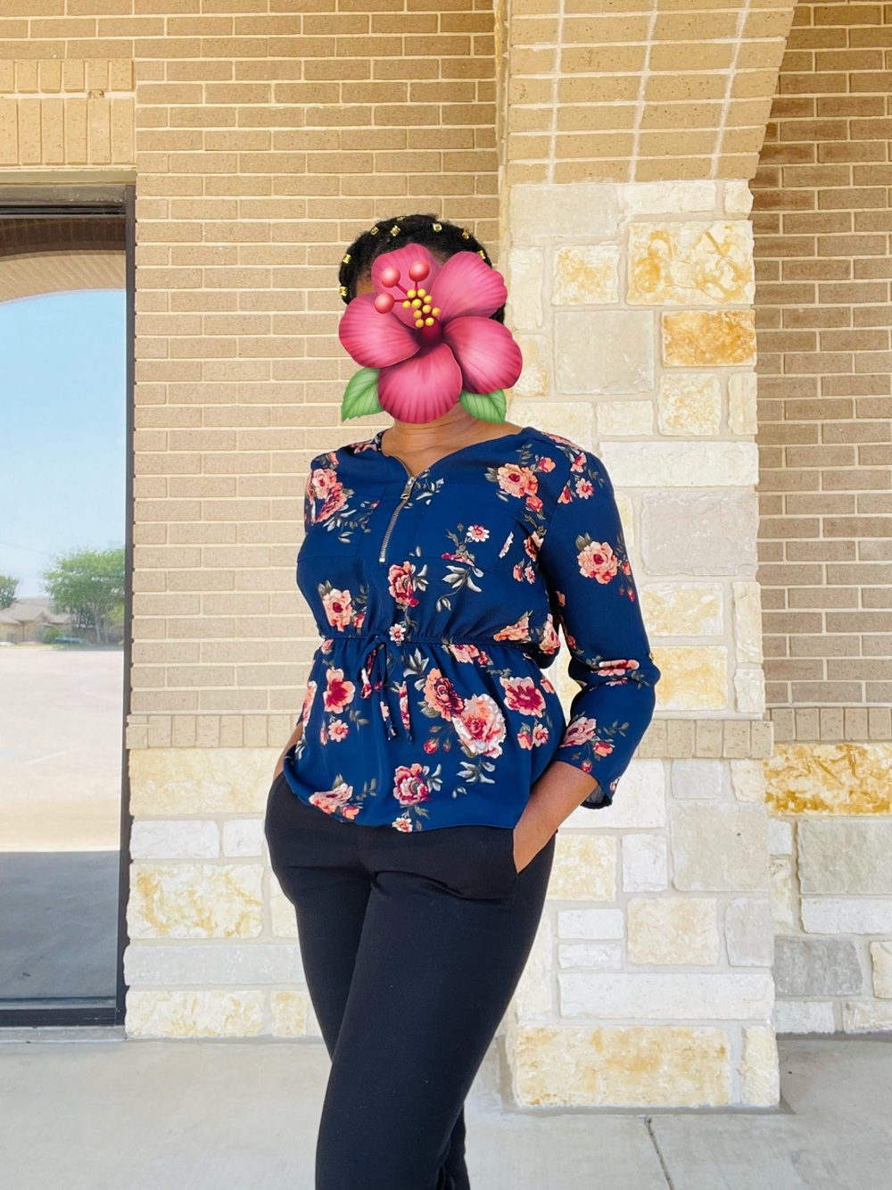 Women’s Floral Navy Top with Gold Zipper Detail